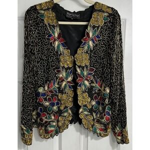 Vintage Royal Feelings Jacket Womens Medium Silk Sequin Floral‎ Beaded Scalloped